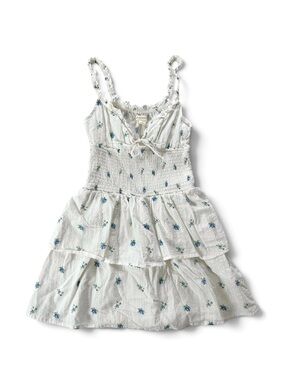 White Mini Cottage Sundress with Whimsical Blue Floral Print